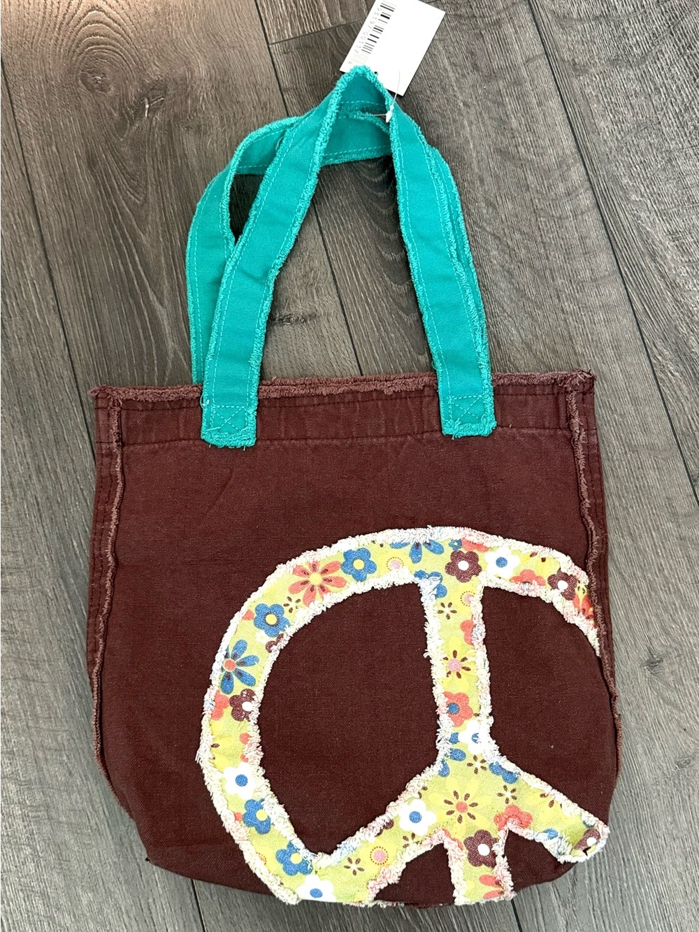 Brown Canvas Tote with Turquoise Handles and Floral Peace Motif NEW